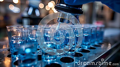 Scientist conducting analysis using microscope and test tubes in lab environment. Generative AI Stock Photo