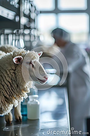 A scientist conducts medical experiments on sheep. Laboratory experiments with animals Stock Photo