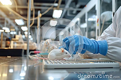 A scientist conducts medical experiments on white mice. Laboratory experiments with animals Stock Photo