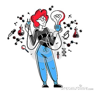 Scientist discovering science theory and making experiments vector outline illustration, theoretical science research or invention Vector Illustration