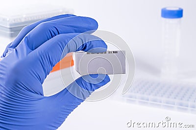 Scientist with DNA Sequencing Chip. Medical laboratory. Stock Photo