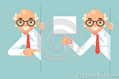Scientist education support help scientific consultation pointing finger looking out corner idea cartoon character Vector Illustration