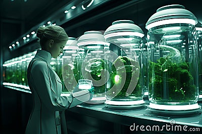 Scientist Engaged in In-depth Study of Plant Phenomena in a Modern Biological Laboratory Stock Photo