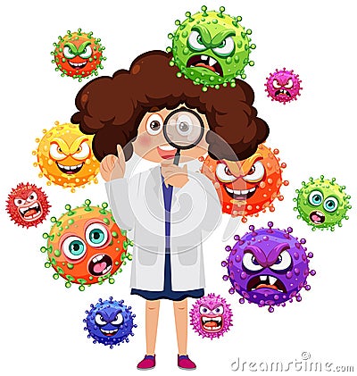 Scientist Examining Bacteria and Viruses with Magnifying Glass Vector Illustration