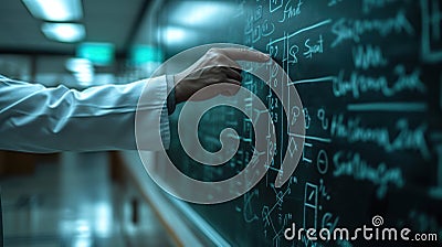 Scientist Explaining Complex Mathematical Formulas on Blackboard. Stock Photo
