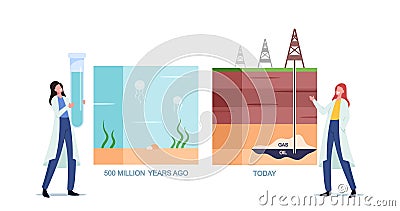 Scientist Female Characters Presenting Oil and Gas Natural Formation Infographics from Million Years Ago to Today Vector Illustration