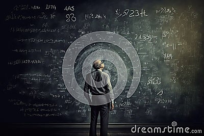 Scientist in front of a blackboard with equations and problem solving solutions. Generative Ai Stock Photo