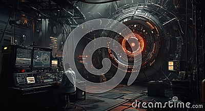 Scientist in futuristic laboratory operating advanced technology using computers and large circular machine with intricate design Stock Photo