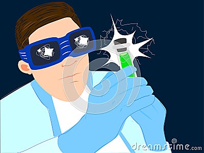 Scientist in glasses with a glowing green flask on a dark background. Vector Illustration