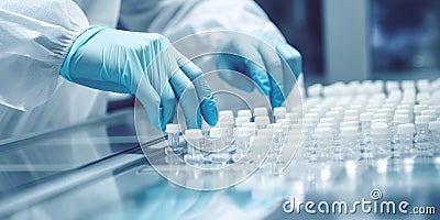 Scientist with gloves checking medical vials at laboratory Stock Photo