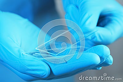 Scientist in gloves holding many microscope slides, closeup Stock Photo