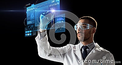 Scientist in goggles with test tube virtual screen Stock Photo