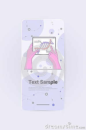 scientist hands working with DNA in web browser window researcher making experiment in lab DNA testing genetic diagnosis Vector Illustration