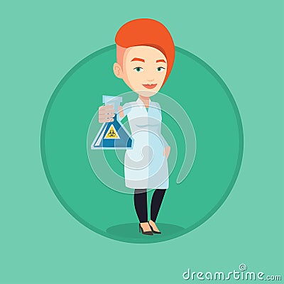 Scientist holding flask with biohazard sign. Vector Illustration