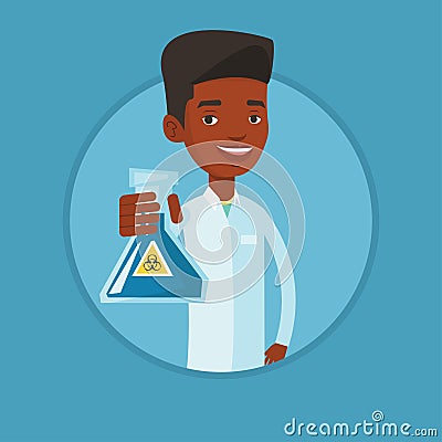 Scientist holding flask with biohazard sign. Vector Illustration