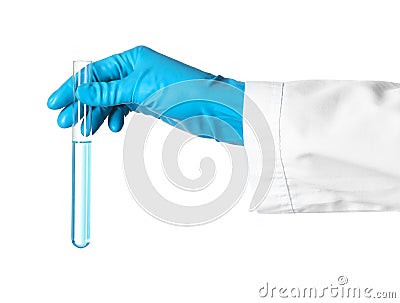 Scientist holding test tube with liquid on white background. Stock Photo