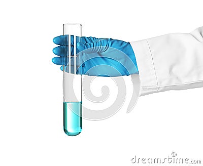 Scientist holding test tube with liquid on white background. Stock Photo