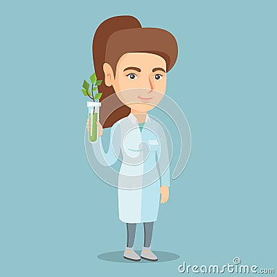 Scientist holding test tube with young sprout. Vector Illustration