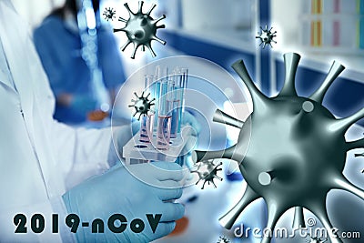 Scientist holding test tubes with liquids in laboratory. Researching of coronavirus Stock Photo