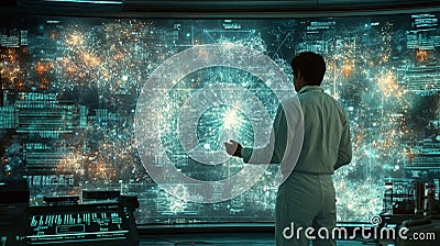 Scientist interacting with holographic display of quantum field theory in a high-tech laboratory Stock Photo