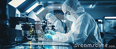 Scientist in Lab Coat and Gloves Working with Machinery in a Laboratory Stock Photo