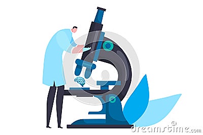 Scientist in lab coat studies brain specimen with large microscope, modern science laboratory setting. Biomedical Cartoon Illustration