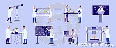 Scientist in lab research vector illustration, cartoon people making experiment test in science laboratory isolated set Vector Illustration