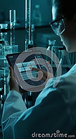 Scientist in laboratory using tablet for genome sequencing analysis futuristic biotech and bioinformatics research Stock Photo