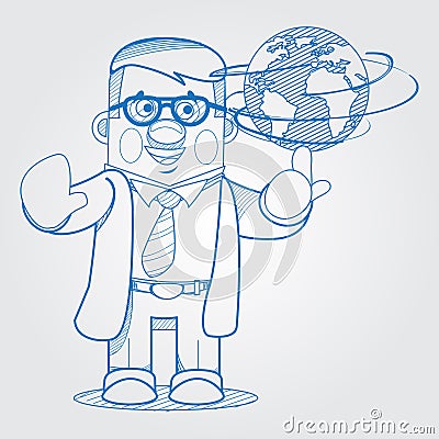 Scientist man showing a globe. Outline drawing in cartoon style Vector Illustration