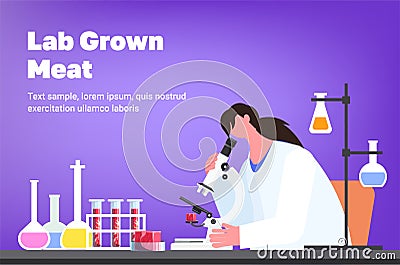 scientist with microscope analyzing cultured red raw meat made from animal cells artificial lab grown meat production Cartoon Illustration