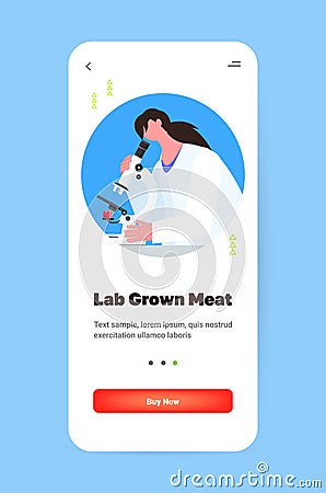 scientist with microscope analyzing cultured red raw meat made from animal cells artificial lab grown meat production Vector Illustration