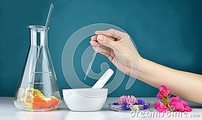 Scientist with natural herbal organic drug research and lab glassware, Chemist dropping plant extract substances in mortar. Stock Photo