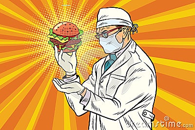 Scientist nutritionist and Burger fast food Vector Illustration