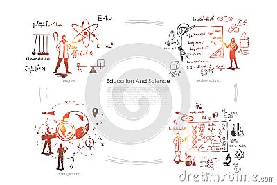 Scientist occupation, scientific research, physics experiment, board with mathematical equations, geography learning banner Vector Illustration