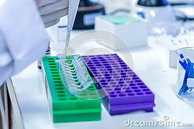 Scientist pipette dropping a sample into test microtiter tube Stock Photo