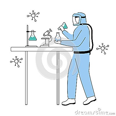 Scientist in protective suit flat contour vector illustration Vector Illustration