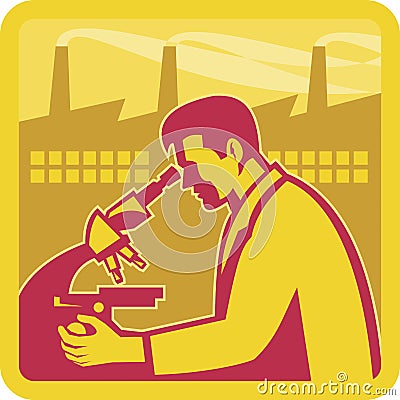 Scientist Researcher Factory Building Retro Vector Illustration