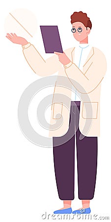 Scientist researching document. Happy person in glasses and lab coat Vector Illustration
