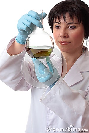 Scientist with round flask Stock Photo