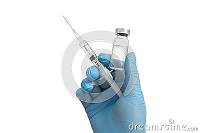 Scientist`s hand wearing blue gloves against white background and holding Covid-19 vaccine Stock Photo