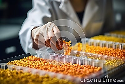 scientist sampling yellow gains in food technology laboratory Stock Photo