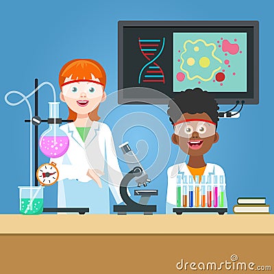 Scientist and student in chemistry laboratory Vector Illustration