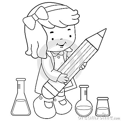 Student girl at science class holding a big pencil. Vector black and white coloring page Vector Illustration