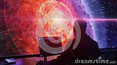 A scientist studies a computer display analyzing data from a telescopes observation of a newly discovered exoplanet Stock Photo