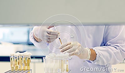 Scientist transfer sample using syringe, Most Probable number MPN technique for counting the Coliform bacteria cultured. Stock Photo