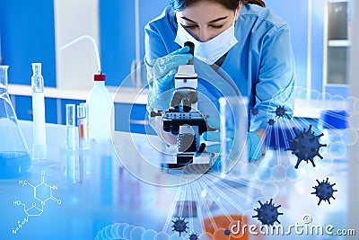 Scientist using modern microscope at table. Researching of virus Stock Photo