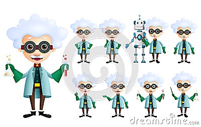 Scientist vector character set. Old genius male inventor holding test tube with various gestures, posses Cartoon Illustration