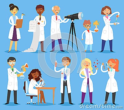 Scientist vector professional people character chemist or doctor researching medical experiment in scientific laboratory Vector Illustration