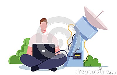 Scientist Volcanologist Character with Laptop in Hands Sitting at Satellite Antenna Monitoring Data of Volcano Eruption Vector Illustration