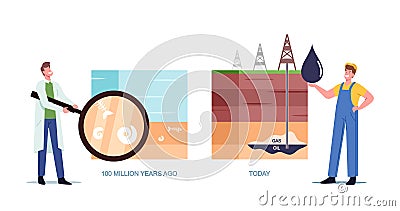 Scientist and Worker Characters Presenting Oil and Gas Natural Formation Time Line from Million Years Ago to Today Vector Illustration